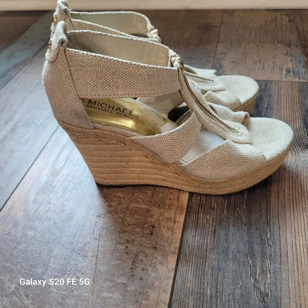 Michael Kors Wedge Sandals – Neutral Linen Fabric 7.5 SB9